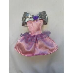 Vintage 90’s Barbie Mattel Pink Party Dress with Silver Bow & Purple Trim